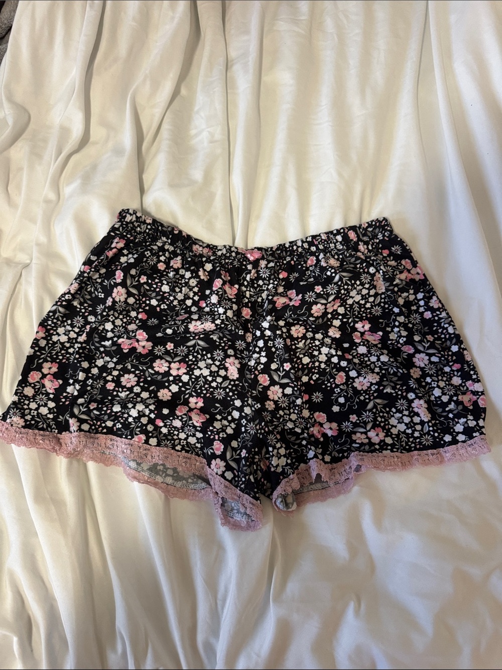 Amazon Women's Black Floral Pajama Shorts with Pink Lace Trim